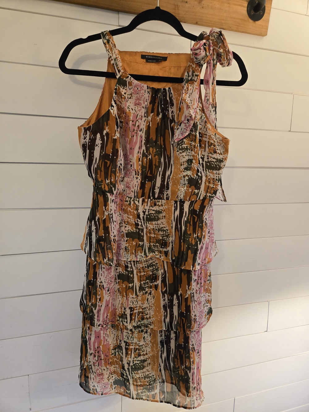 BCBGMaxAzria Mustard Pink Abstract Tiered Mini Dress